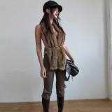 Women's Autumn Short Fur Halter Neck Low Back Tie Front Slim Waist Vest