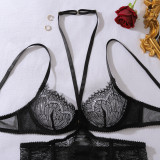 Women's Black Lash Lace See-Through Halter Neck Lingerie Set