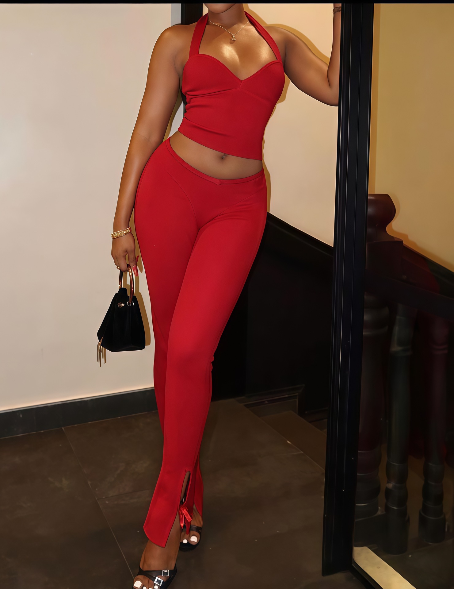 Women's Autumn Casual Solid Color Sleeveless Halter Neck Tight Fitting Pants Set