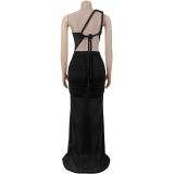 Women's Fashion Sexy Slash Shoulder See-Through Mesh Low Back Dress