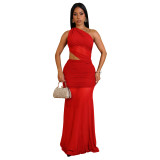 Women's Fashion Sexy Slash Shoulder See-Through Mesh Low Back Dress