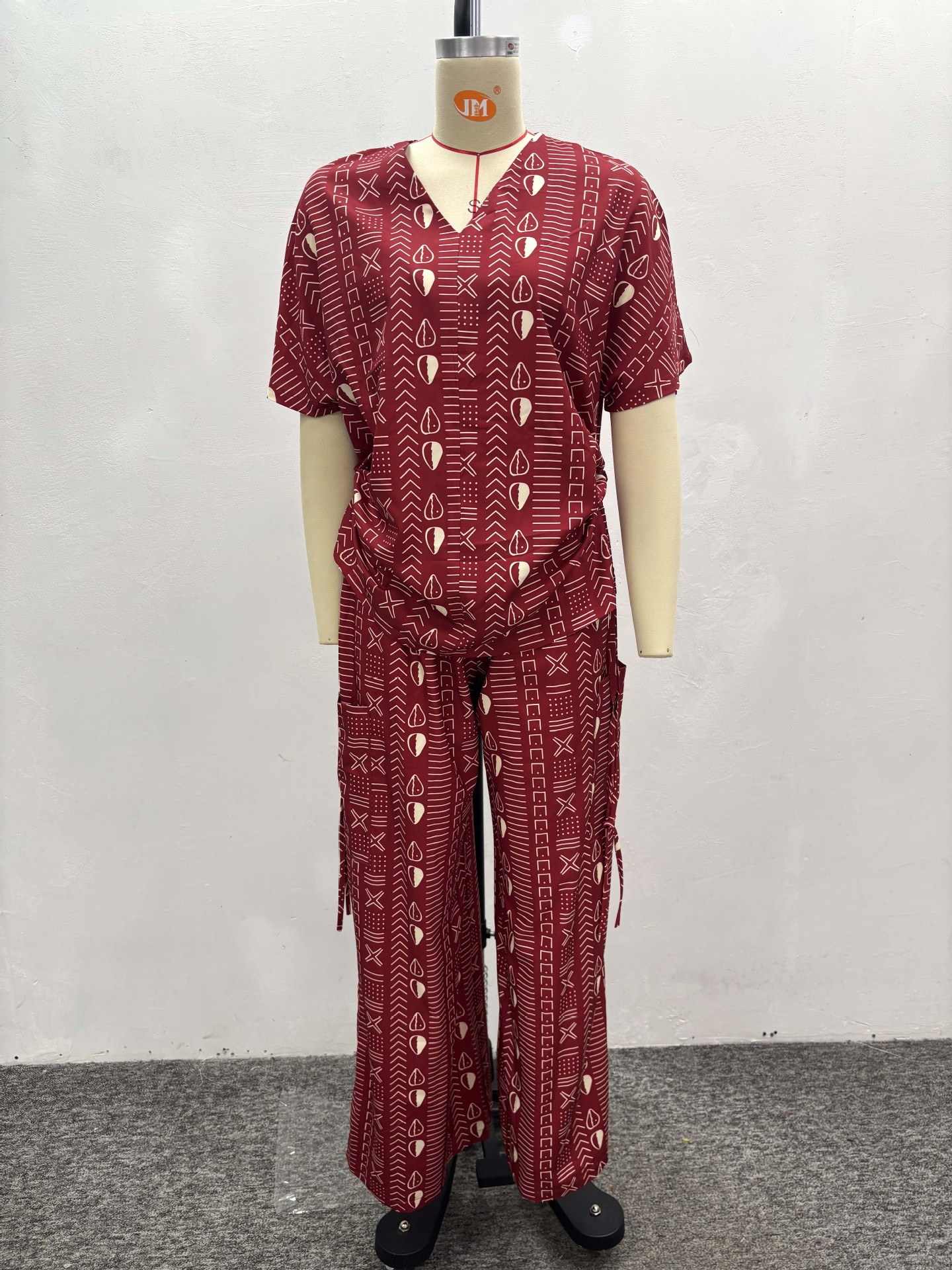 Women's African Chic Trendy Print Short Sleeve Drawstring Slim Fit Shirt Pants Set