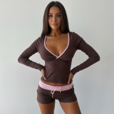 Women's Fashion Casual V-Neck Long Sleeve Color Block Low Waist Bodycon Shorts Set