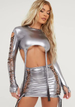 Women's Sexy Metallic Long Sleeve Crop Top Lace-Up Skirt Set