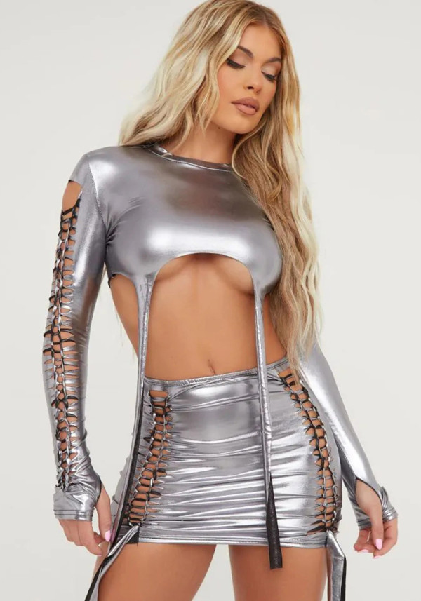 Women's Sexy Metallic Long Sleeve Crop Top Lace-Up Skirt Set