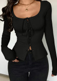 Women's Autumn Winter Sexy Tie Front Shirt Button Cut-Out Crop Long Sleeve U-Neck T-Shirt
