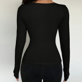 Women's Autumn Winter Sexy Tie Front Shirt Button Cut-Out Crop Long Sleeve U-Neck T-Shirt
