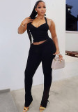 Women's Autumn Casual Solid Color Sleeveless Halter Neck Tight Fitting Pants Set