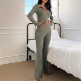 Women's Turndown Collar Knit Long Sleeve Button Sporty Butt Lift Jumpsuit