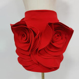 Women's Red High Waist Chic Floral Fashion Short Skirt