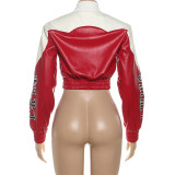 Women's Autumn Slim Fit Print Color Block Pu Leather Jacket