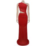 Women's Fashion Sexy Slash Shoulder See-Through Mesh Low Back Dress