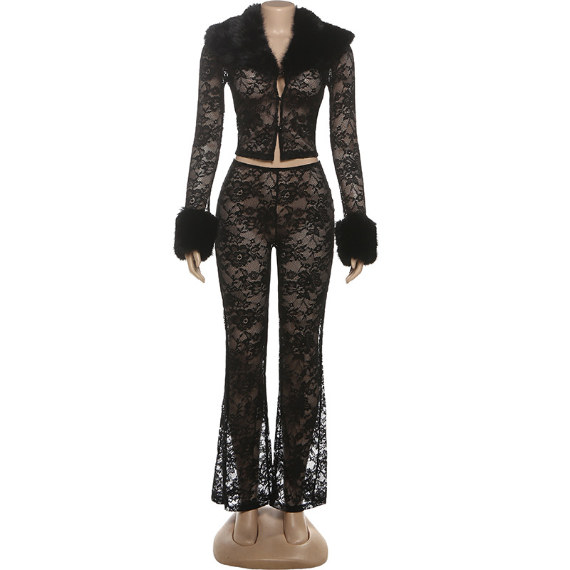 Women's Autumn Winter Fashion Print Fur Collar Lace Patchwork See-Through Pants Set