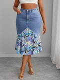 Women's Plus Size Fashion Floral Patchwork Denim Skirt