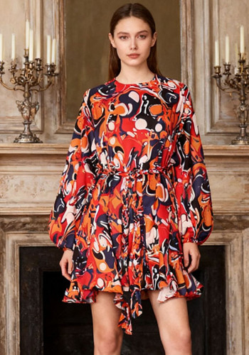 Women's Print Round Neck Puff Sleeve Tie Front Slim Waist Dress