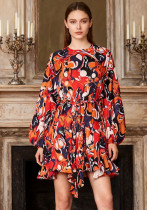 Women's Print Round Neck Puff Sleeve Tie Front Slim Waist Dress Women's Print Round Neck Puff Sleeve Tie Front Slim Waist Dress