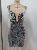 Women's Sexy Strappy Pearl Beaded Deep V Low Back Party Dress