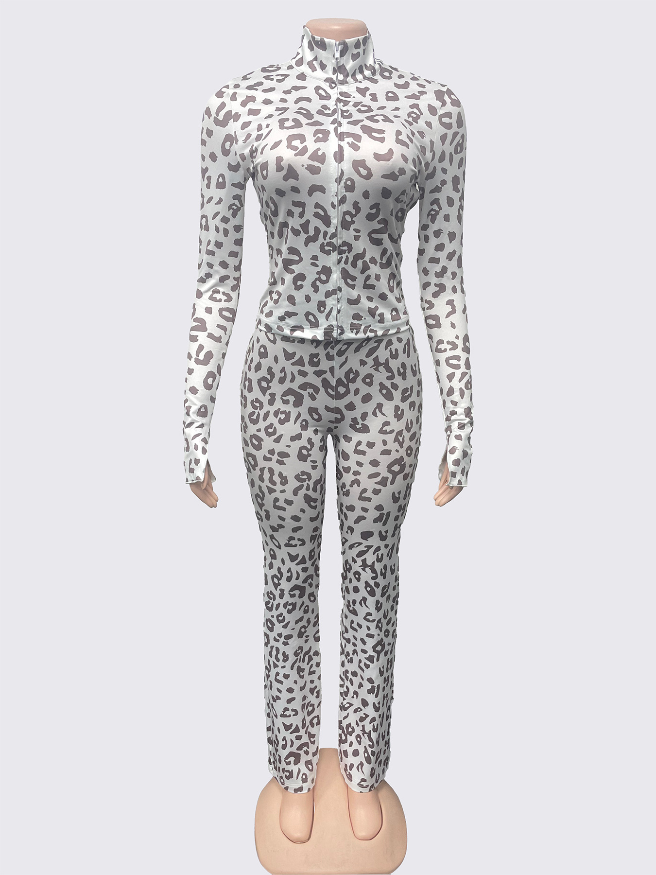 Women's Autumn Leopard Print Slim Fit Zipper Long Sleeve Top Pants Set
