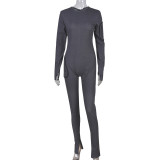 Women's Autumn Winter Sexy Cut-Out Zipper Long Sleeve Stretch Denim Jumpsuit