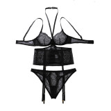 Women's Black Lash Lace See-Through Halter Neck Lingerie Set