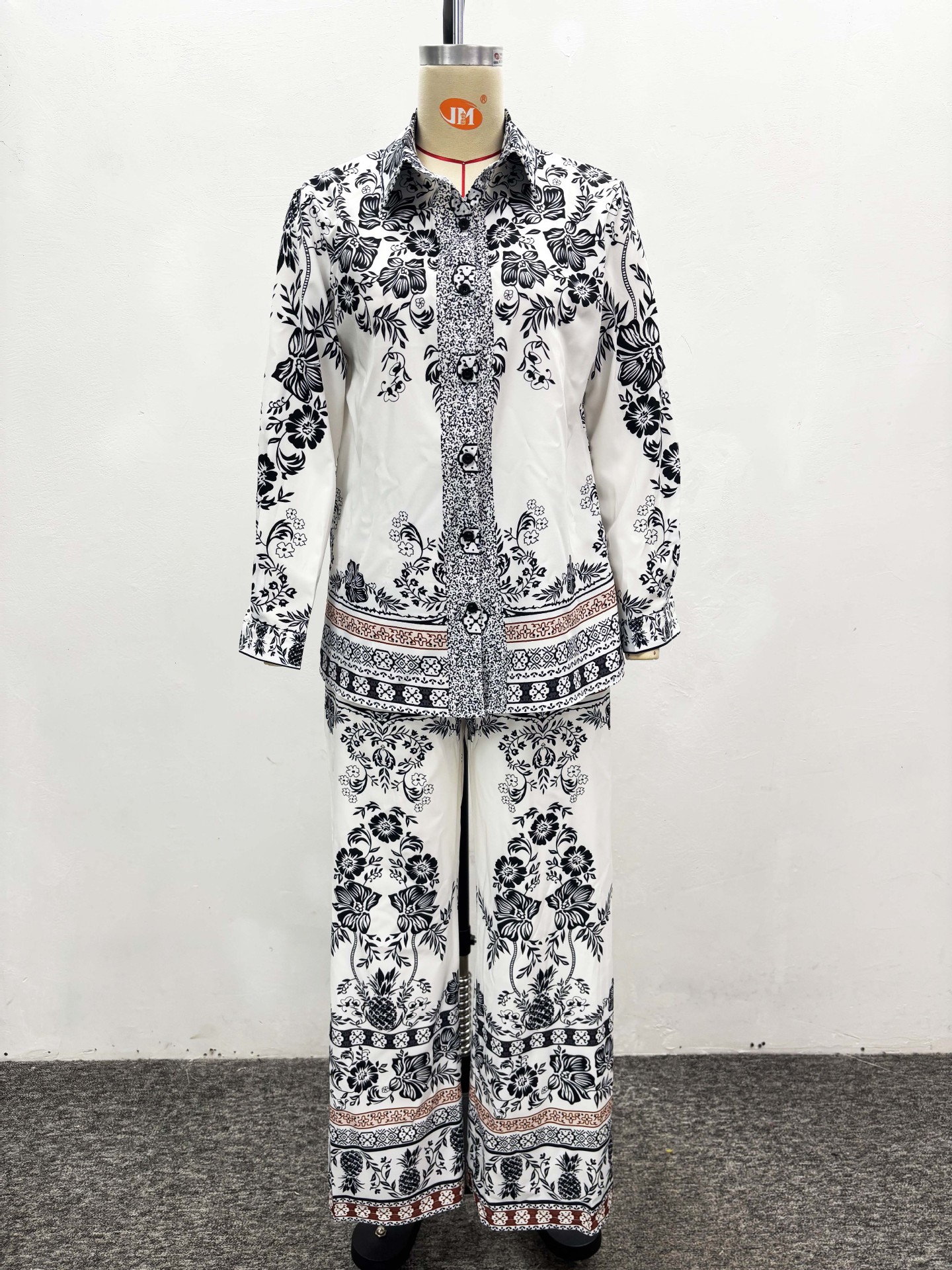 Women's African Trendy Turndown Collar Print Shirt Wide Leg Pants Set