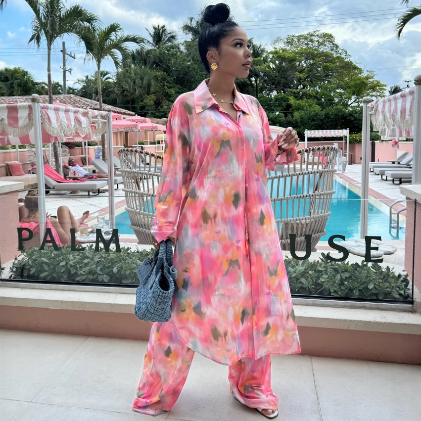 Women's Plus Size African Chic Loose Print Long Shirt Wide Leg Pants Set