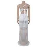 Women's Fashion Sexy Slash Shoulder See-Through Mesh Low Back Dress