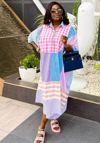 Women's African Plus Size Casual Turndown Collar Striped Holidays Dress