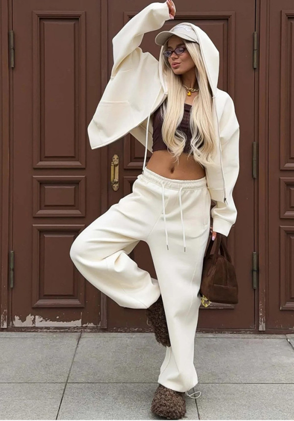 Women's Autumn Winter Zipper Hoodies Wide Leg Pants Set