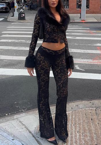 Women's Autumn Winter Fashion Print Fur Collar Lace Patchwork See-Through Pants Set