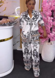 Women's African Trendy Turndown Collar Print Shirt Wide Leg Pants Set