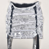 Women's Sexy Metallic Long Sleeve Crop Top Lace-Up Skirt Set
