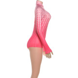 Women's Autumn Winter Fashion Print Long Sleeve Stand Collar Zipper Slim Jumpsuit