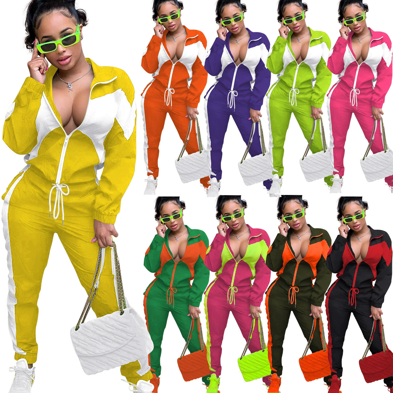 Women'S Casual Fashion Colorblock Zipper Two Piece Women'S Sport Pants Set
