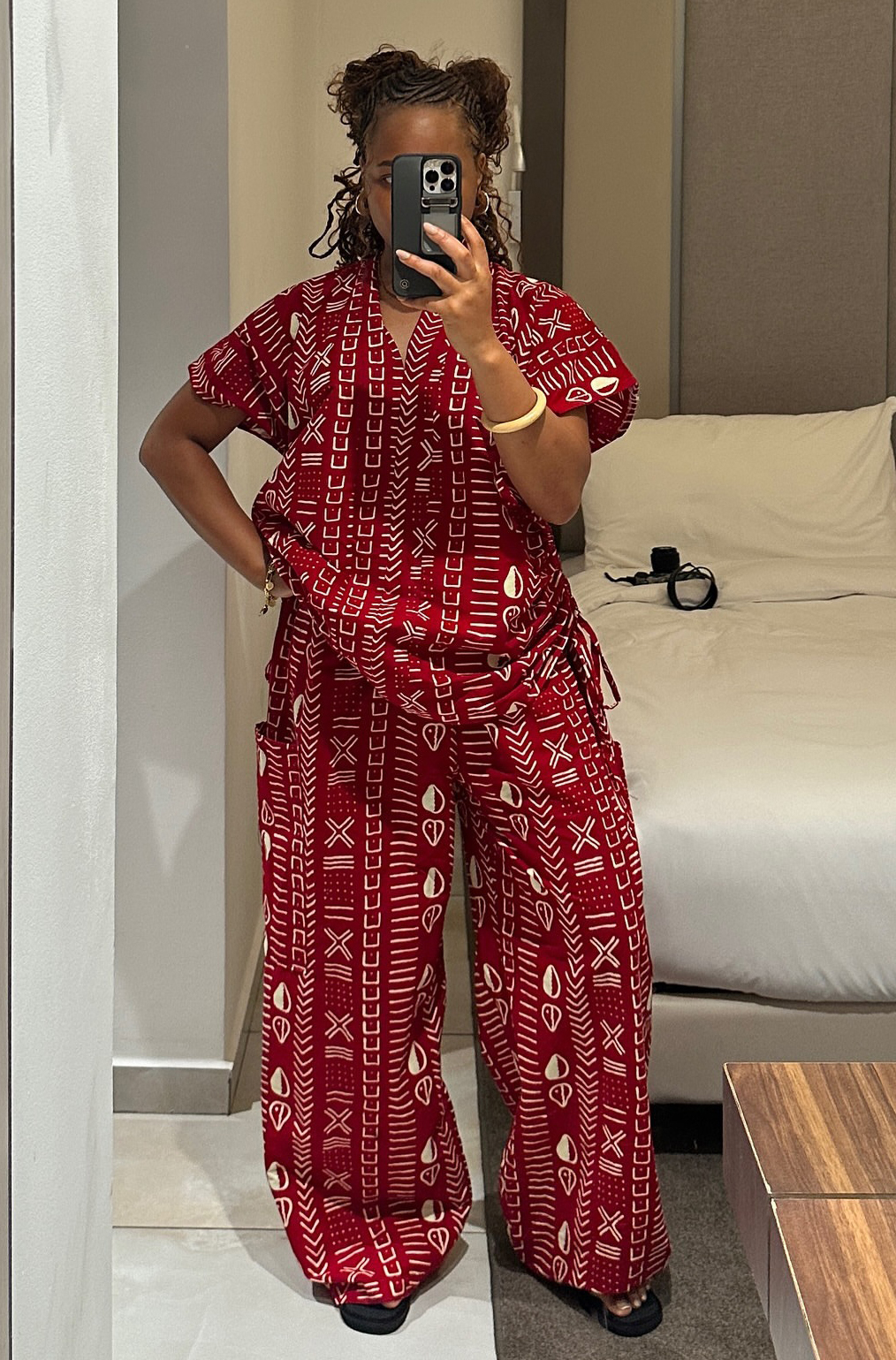 Women's African Chic Trendy Print Short Sleeve Drawstring Slim Fit Shirt Pants Set