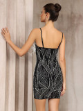 Women's Sexy Strappy Pearl Beaded Deep V Low Back Party Dress