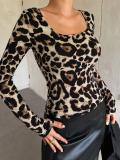 Women's Autumn Leopard Print Round Neck Slim Fit Long Sleeve T-Shirt