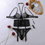 Women's Black Lash Lace See-Through Halter Neck Lingerie Set