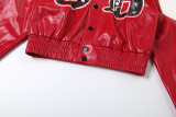 Women's Autumn Slim Fit Print Color Block Pu Leather Jacket