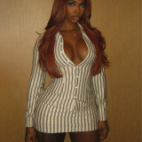 Women's Autumn Winter Fashion Striped Long Sleeve Turndown Collar Button Front Bodycon Skirt Set