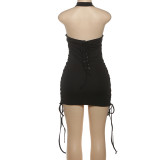 Women's Autumn Fashion Chic Sleeveless Halter Neck Low Back Pleated Dress