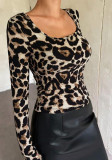 Women's Autumn Leopard Print Round Neck Slim Fit Long Sleeve T-Shirt