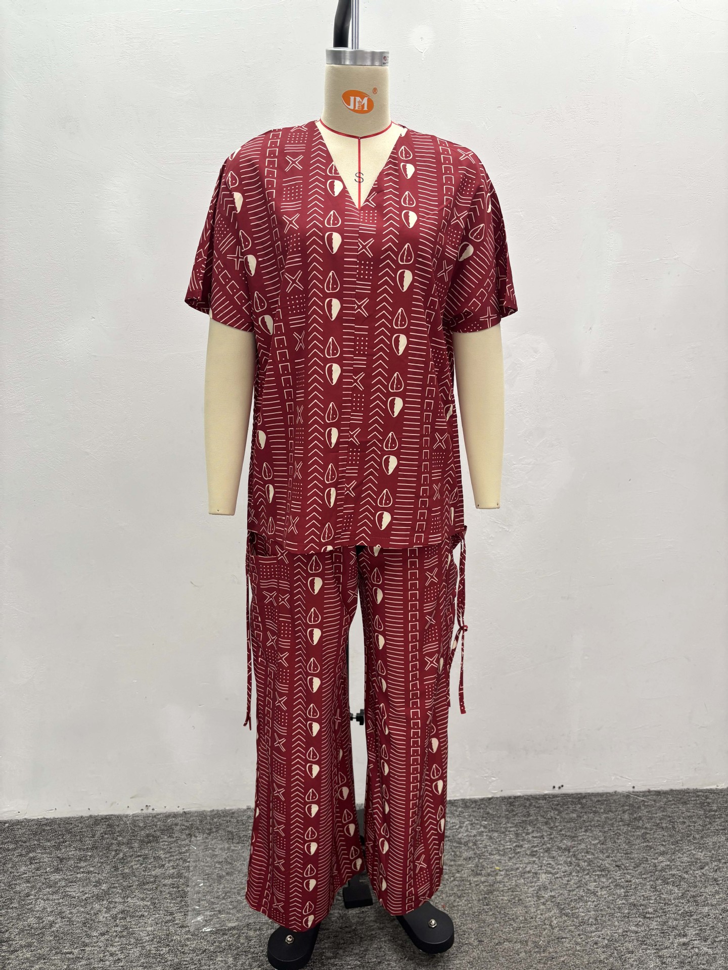 Women's African Chic Trendy Print Short Sleeve Drawstring Slim Fit Shirt Pants Set