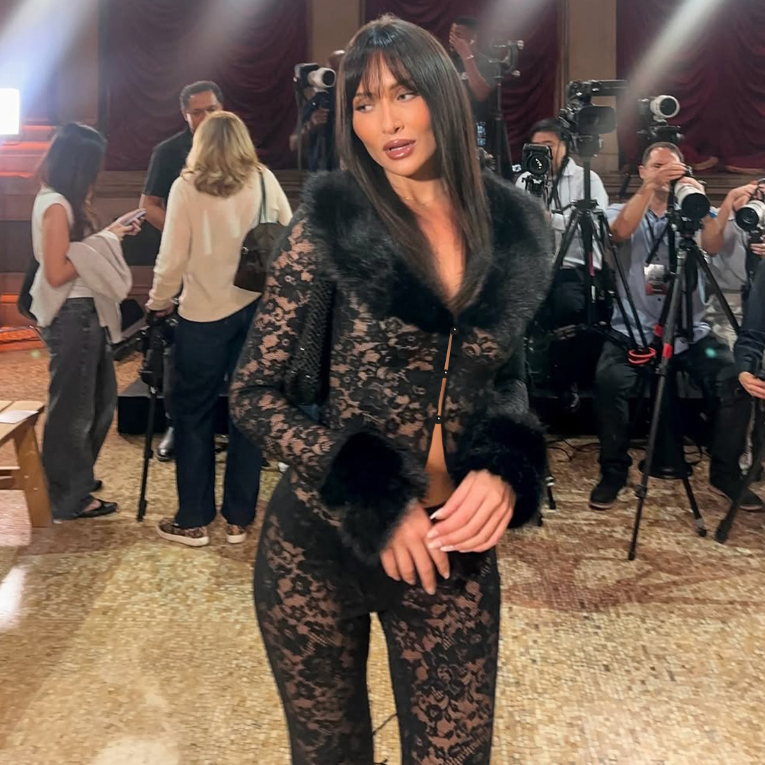 Women's Autumn Winter Fashion Print Fur Collar Lace Patchwork See-Through Pants Set