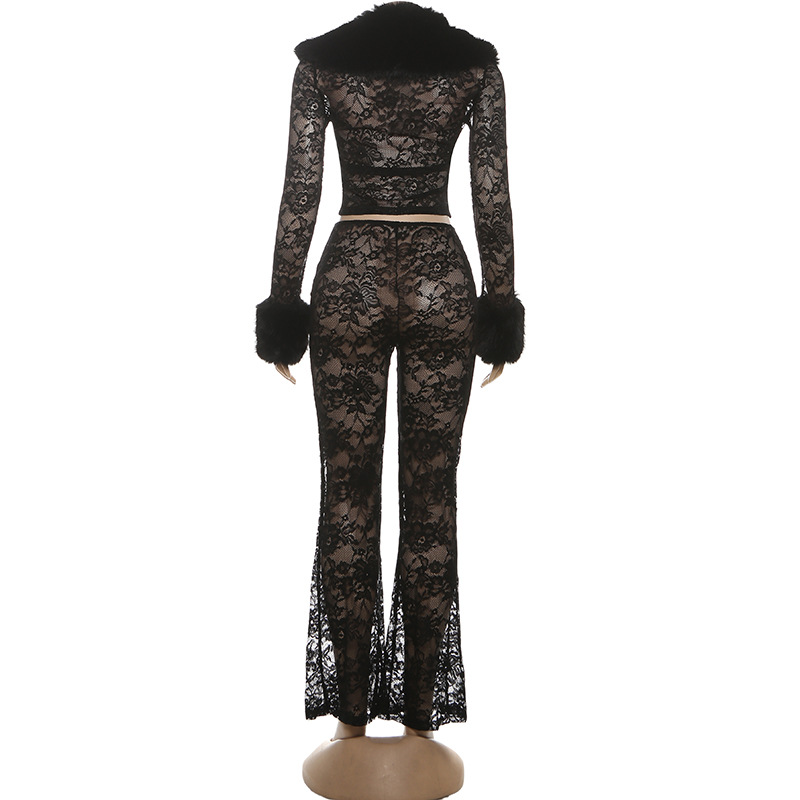 Women's Autumn Winter Fashion Print Fur Collar Lace Patchwork See-Through Pants Set