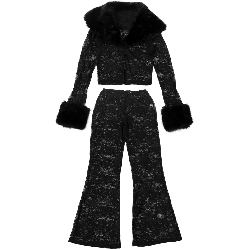 Women's Autumn Winter Fashion Print Fur Collar Lace Patchwork See-Through Pants Set