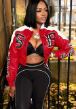 Women's Autumn Slim Fit Print Color Block Pu Leather Jacket