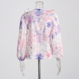 Women's Print Round Neck Long Sleeve Slim Fit Shirt High Waist Skirt Set