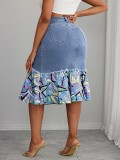 Women's Plus Size Fashion Floral Patchwork Denim Skirt