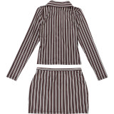 Women's Autumn Winter Fashion Striped Long Sleeve Turndown Collar Button Front Bodycon Skirt Set